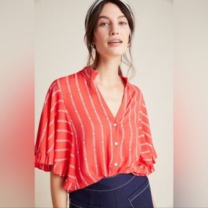 Anthropologie Maeve Aveiro FlutterSleeve Red Motif Button Down Blouse Sz Small